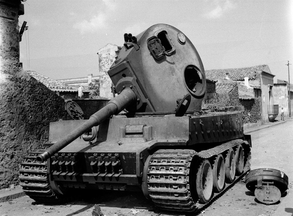 Wreck of a Mk VI Tiger tank at Belpasso, Sicily, 1943