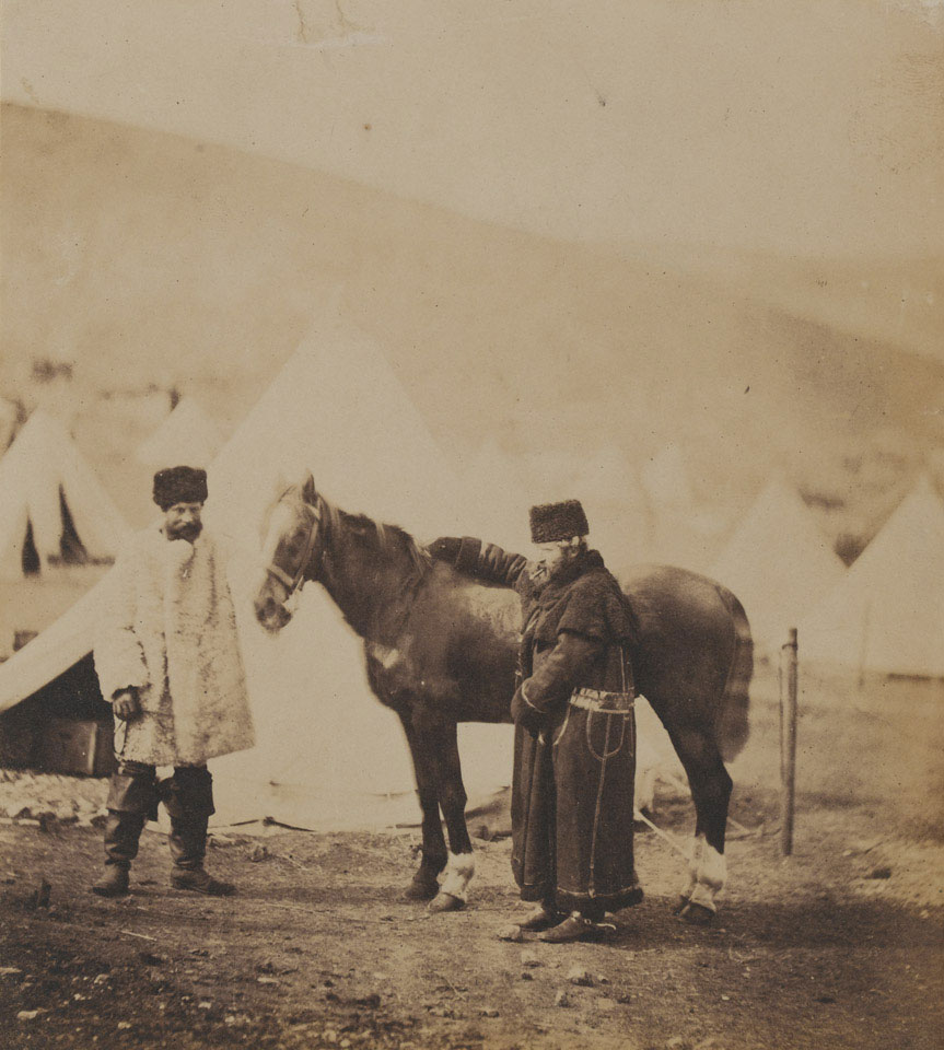 Colonel Low, 4th (The Queen's Own Light) Dragoons with his horse and an orderly, 1855