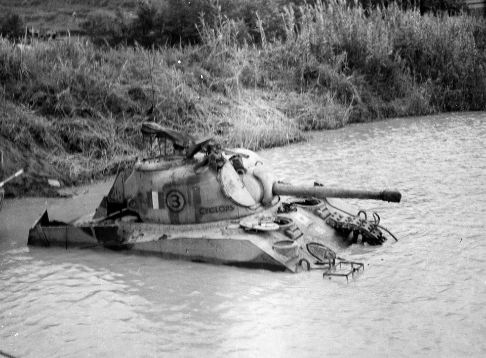 Ken Piggotts tank partially submerged whilst fording a river, 1943