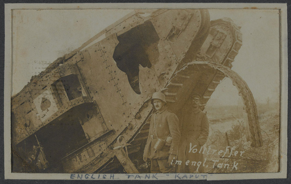 A wrecked British tank, November 1917