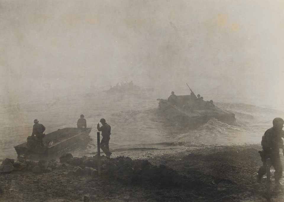 US 9th Army amphibious vehicles cross the Rhine under a smokescreen, March 1945