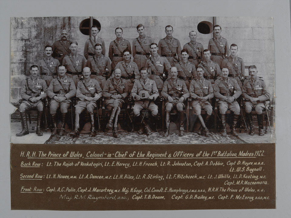 HRH The Prince of Wales, Colonel-in-Chief, and officers of 1st Battalion The Prince of Wales's Leinster Regiment (Royal Canadians), Madras, 1922