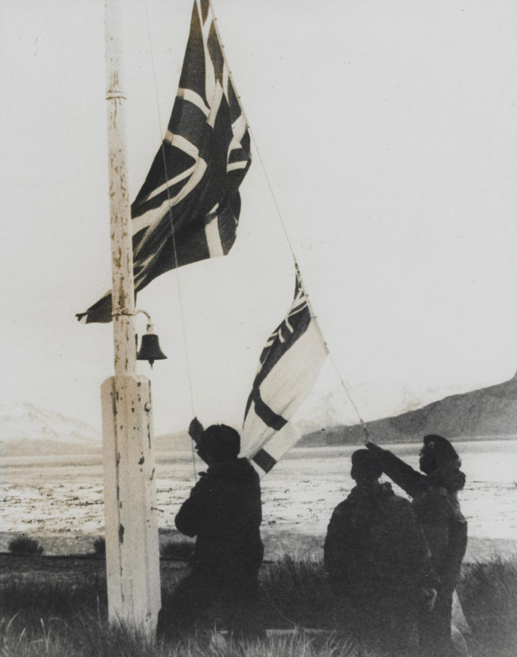 Union Jack and White Ensign over Grytviken, South Georgia, April 1982