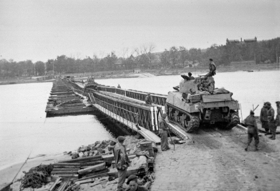 'C' Squadron crossing the River Elbe at Geessthact, 1945