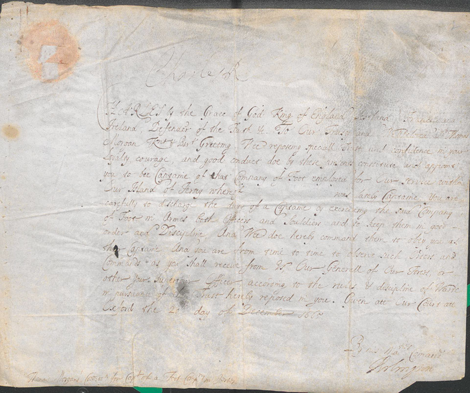 Sir Thomas Morgan's commission for captain of a foot company on Jersey, signed by King Charles II, 20 December 1665