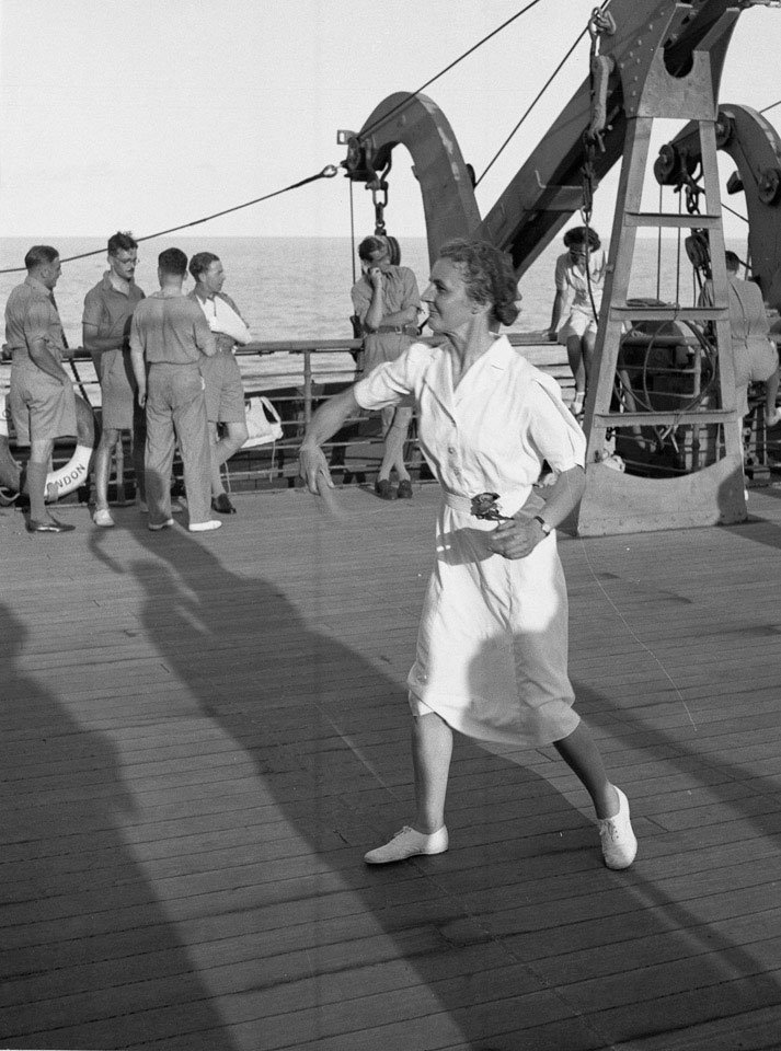 'The Adj. (Hospital type)' playing deck tennis on board HMT Orion en route to Egypt, 1941