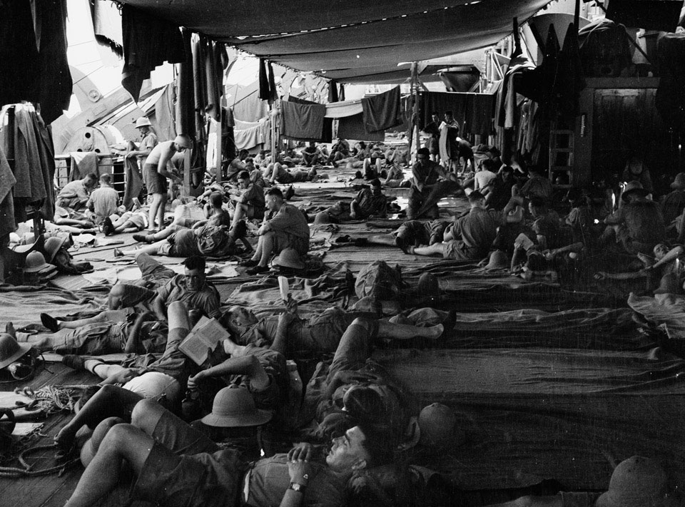'Troop deck. Blanket airing', 3rd County of London Yeomanry (Sharpshooters), on board HMT Orion en route to Egypt, 1941