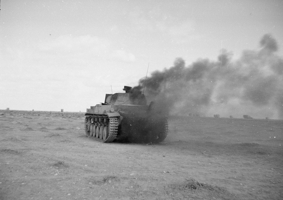 Knocked-out German Panzerkampfwagen II tank, North Africa, 1942 (c).