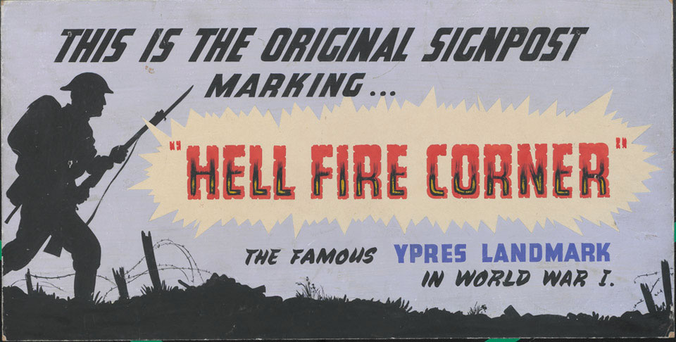 Advertising board was used to display the signpost that marked 'Hellfire Corner', 1950 (c)