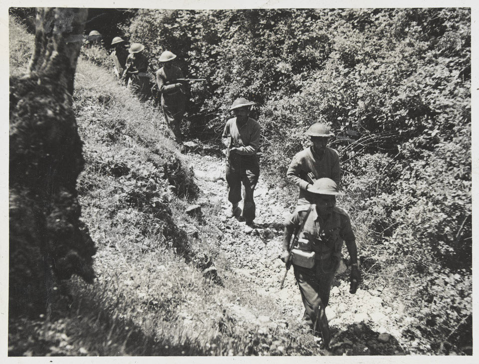 Indian Army soldiers patrolling an Italian mountain trail, 1944 (c)