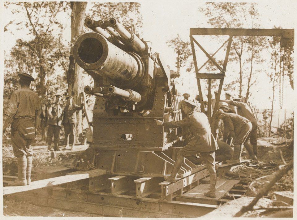 A 15-inch howitzer being prepared for action on the Somme, 1 July 1916