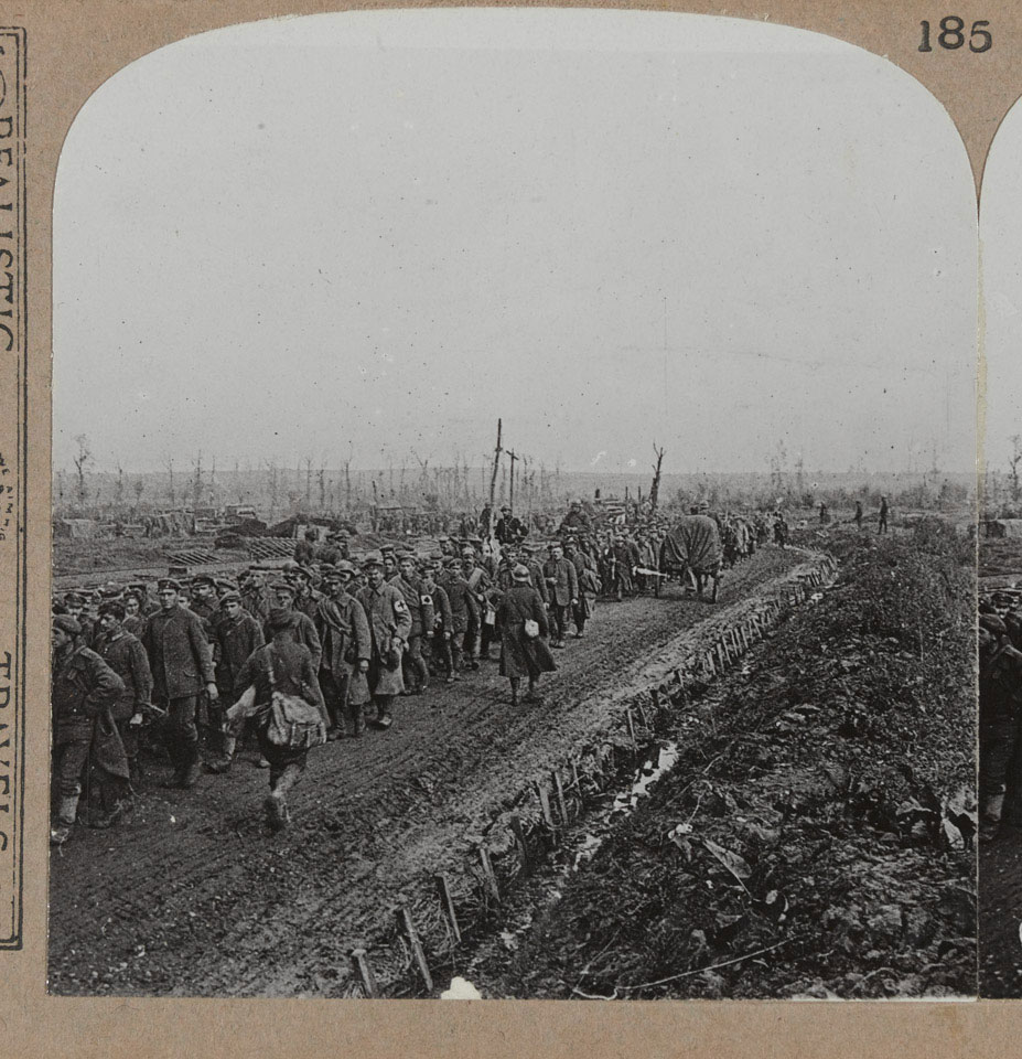 'Thousands of German prisoners captured in the final rout of the German armies on the Sambre', 1918