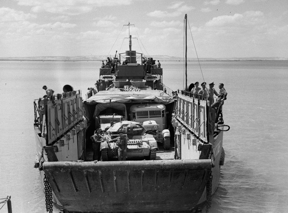 A loaded Landing Craft Tank, 1943. Photograph by Major W H J Sale, MC