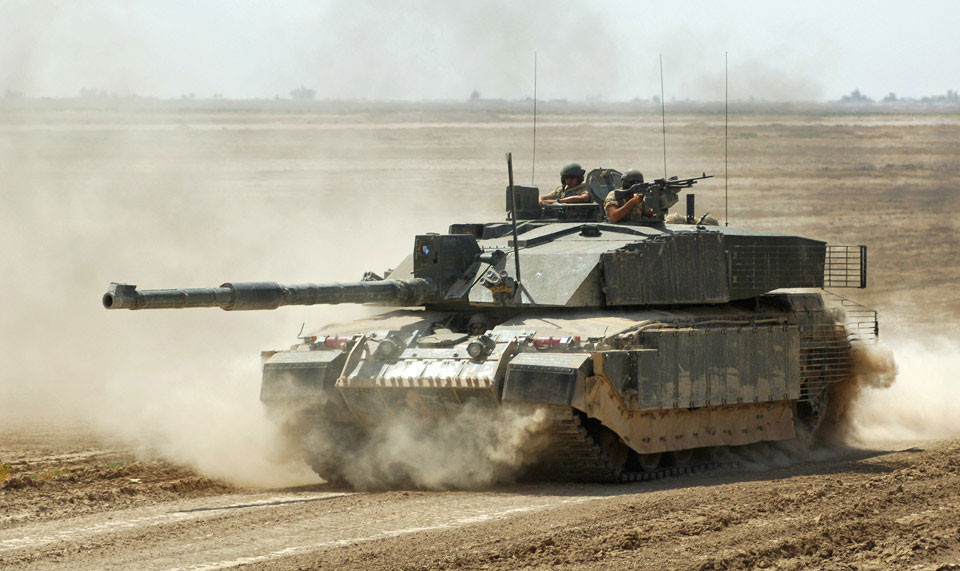 Challenger 2 tank of The Queen's Royal Hussars secures a landing strip, Maysan, Iraq, 2006