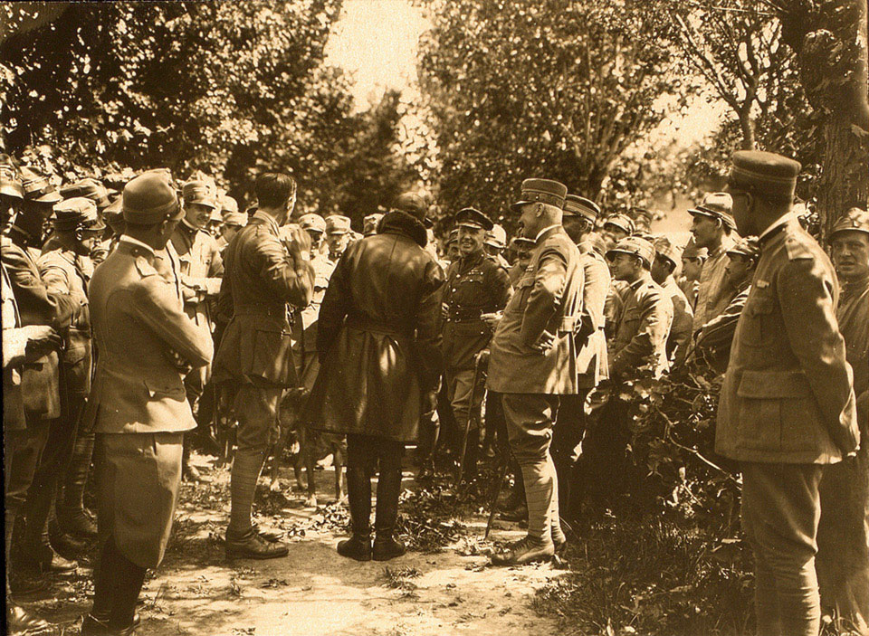 British and Italian officers after the drop at San Pelagio aerodrome, 28 June 1918