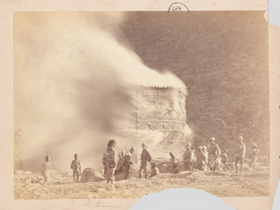 Burning a settlement, Black Mountain expedition, 1888