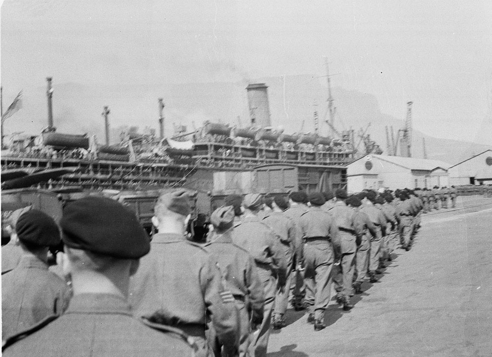 'Orion docked. Troops on quayside', 3rd County of London Yeomanry (Sharpshooters), Cape Town, South Africa, en route to Egypt, 1941