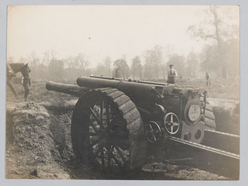 A British 60 Pounder Breech Loading (BL) gun emplacement, 1915 (c ...