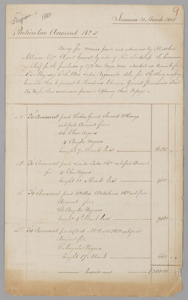 Account detailing the cost of buying and clothing 272 African slaves for service in 5th and 6th West India Regiments, March 1801