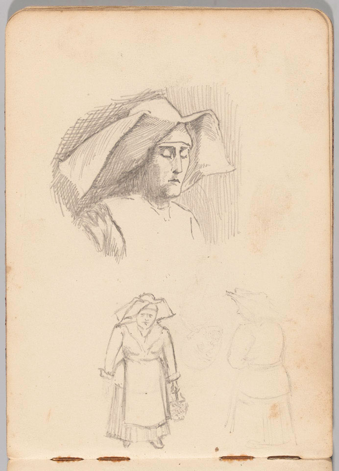 Studies of a nun's head and a nun walking with a basket, World War One ...