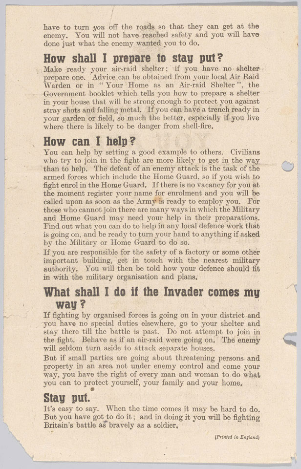 'Stay Where You Are', Ministry of Information leaflet, 1940 (c ...