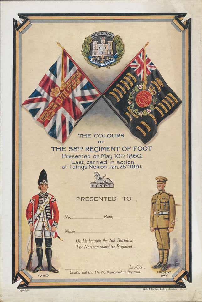 'The Colours of the 58th Regiment of Foot Presented on May 10th 1860. Last carried in action at Laing's Nek on Jan 28th 1881', certificate, 1930 (c)