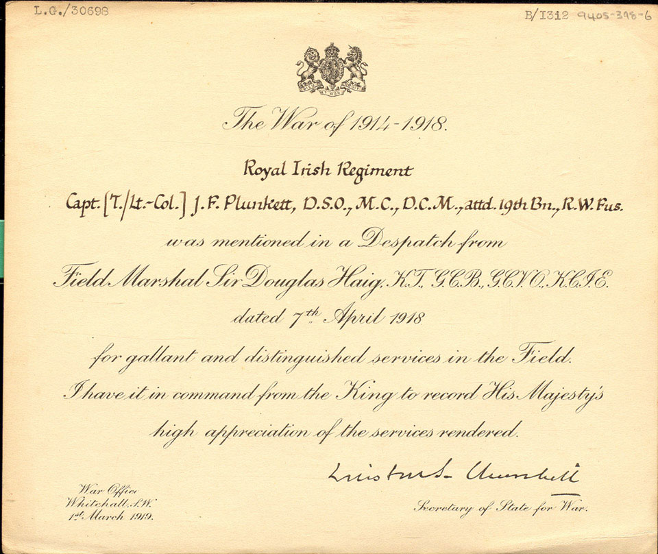 Certificate attesting the mention of Captain (Temp Lieutenant Colonel) James Frederick Plunkett, attached 19th Battalion, the Welch Fusiliers, in the despatch of Field Marshal Sir Douglas Haig of 7 November 1917
