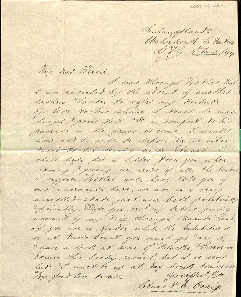 Letter written by Stuart Edward Craig to his sister from Schaapplaats ...