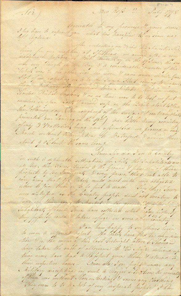 Letter written by Corporal Samuel Blomeley, Coldstream Guards, at New Ross, Ireland, to Thomas Ford a Clerk at the Bank of England 2 July 1798