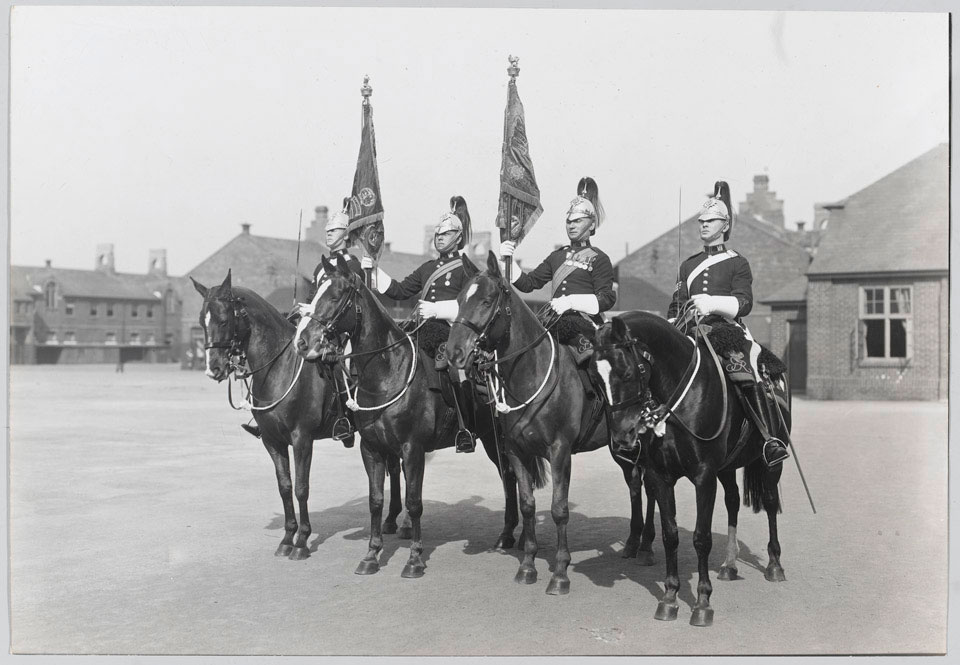 Parade of the Standards with mounted escort, 5th Inniskilling Dragoon Guards, Warburg Barracks, Aldershot, 1930-1933