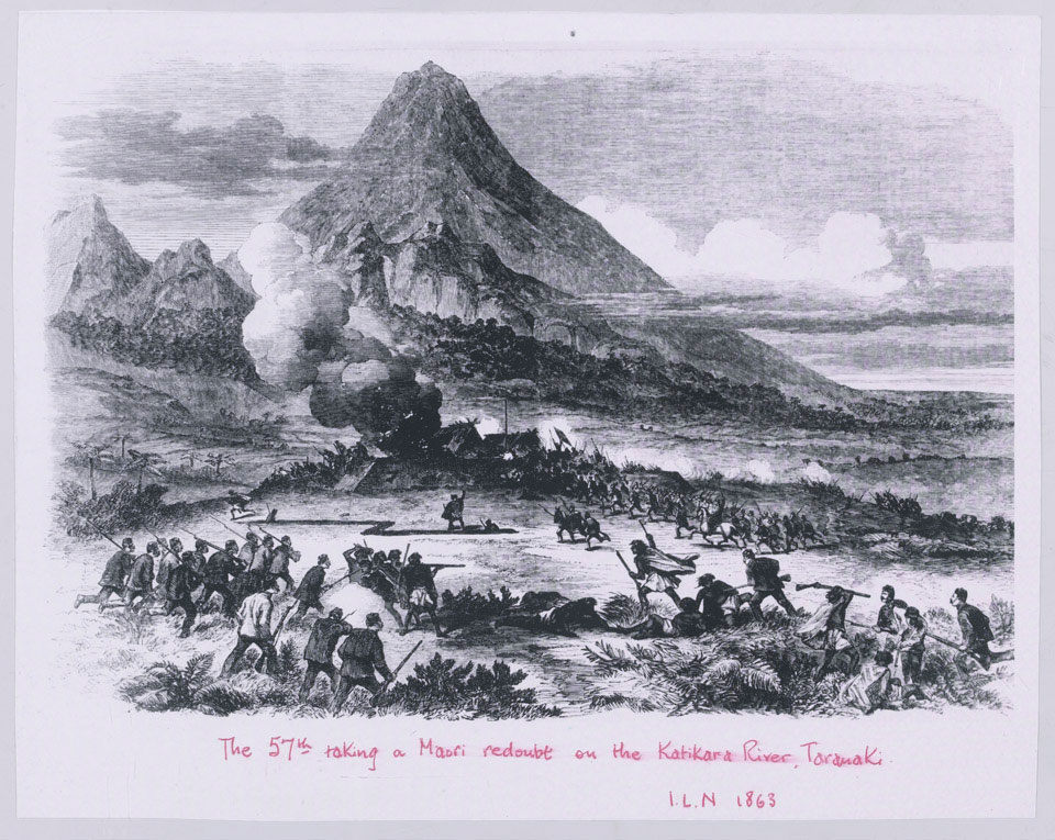 The 57th (West Middlesex Regiment) taking a Maori redoubt on the Katikara River, Taranaki, 1863