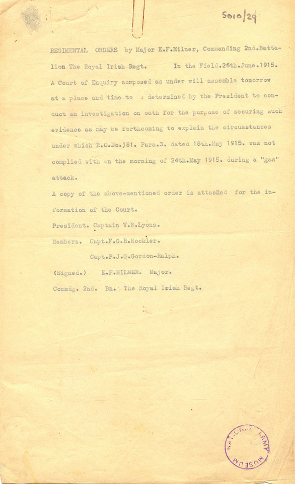 Typescript copy of the proceedings of a court of inquiry held on 27 June 1915 regarding the non compliance of the men of the 2nd Battalion, Royal Irish Regiment, to an order prohibiting withdrawals in the face of a gas attack on 24 May 1915