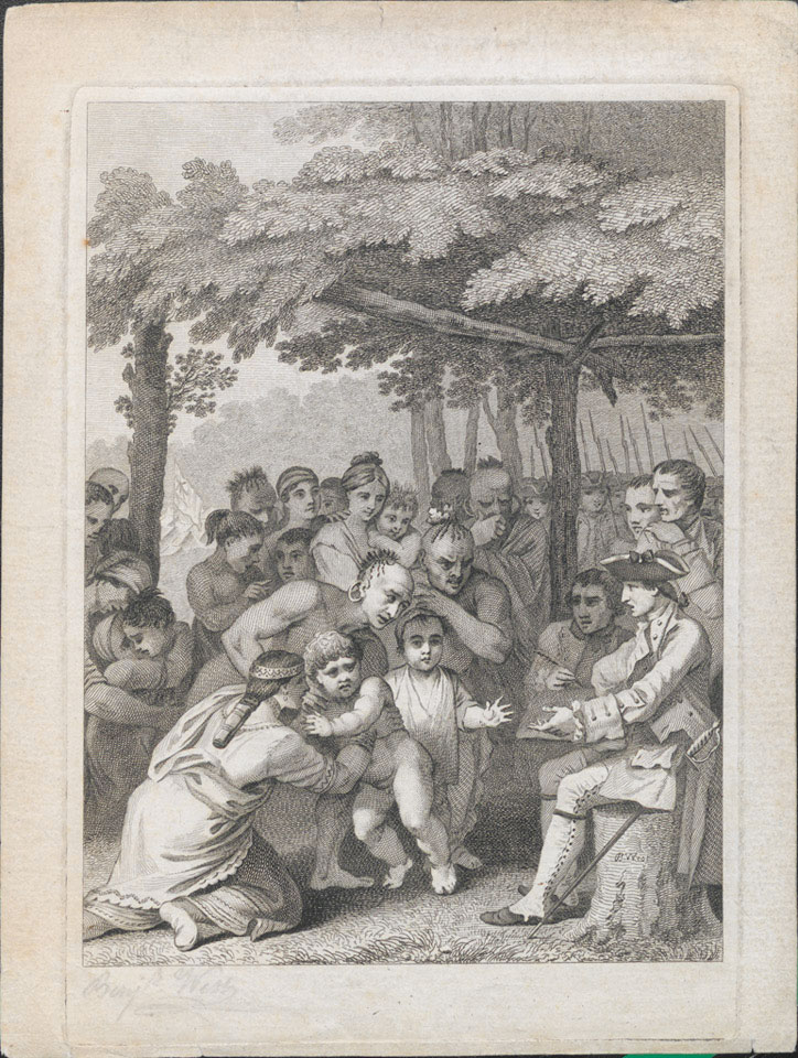 North American Indians delivering up English captives to Colonel Henry Bouquet, commander of the Royal American Regiment, 1764
