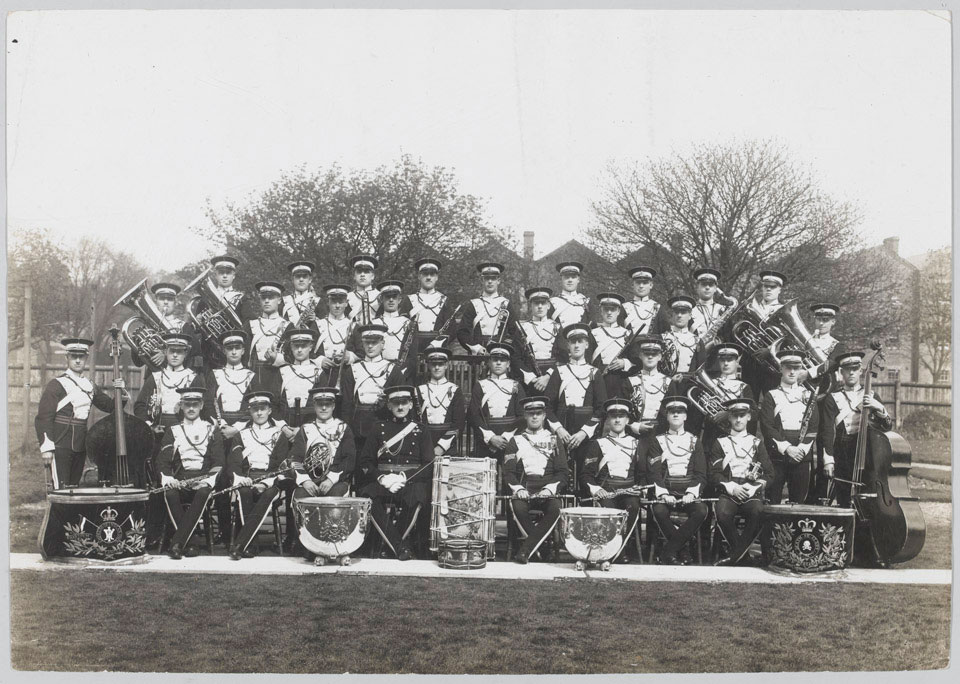 Regimental band group wearing full dress uniform, 17th/21st Lancers, Warburg Barracks, Aldershot, 1925-1927
