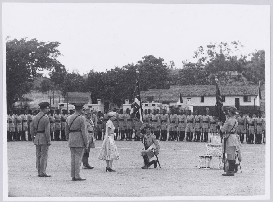 The presentation of colours by HM Queen Elizabeth II to 4th King's African Rifles, April 1954
