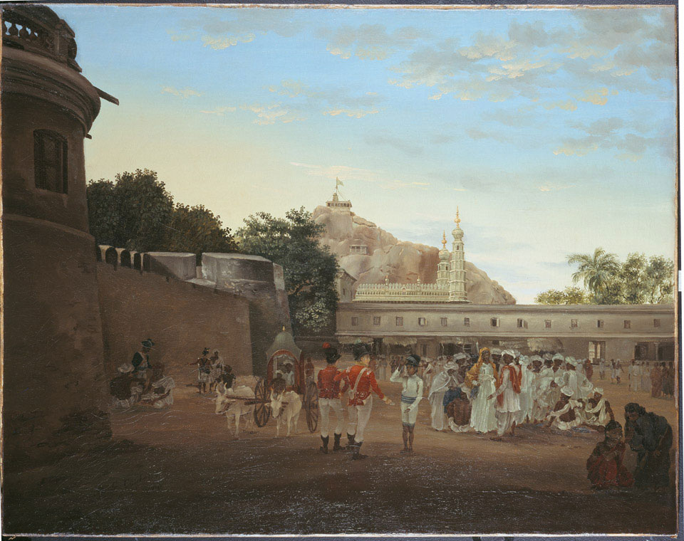 The Market Place of Trichinopoly showing officers of the Madras Light Infantry, 1800