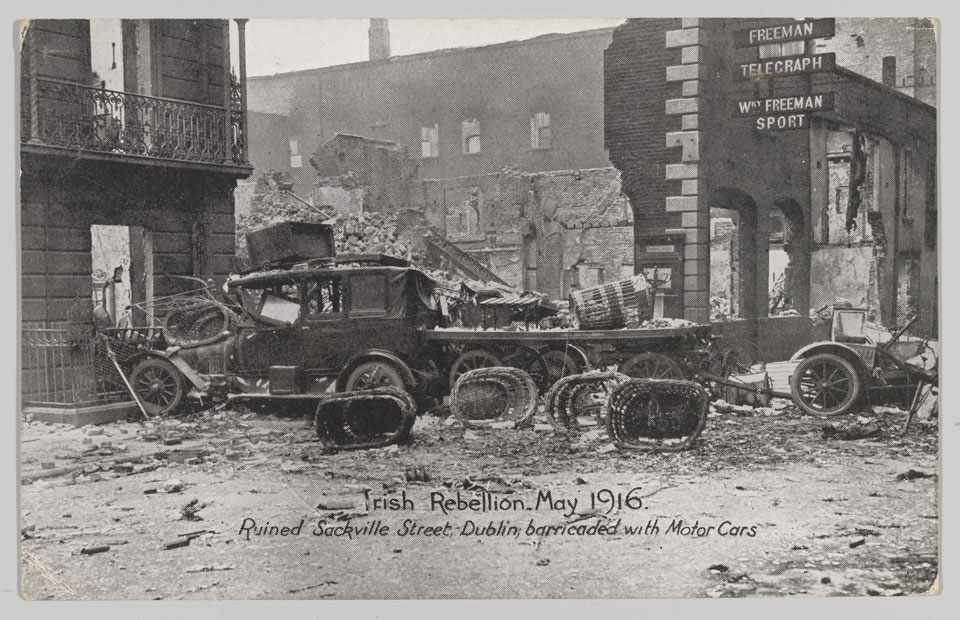 Sackville Street, Dublin, barricaded with motor cars, May 1916