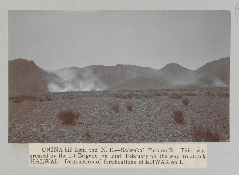 'China Hill from the North East - Sarwakai Pass on Right. Destruction of fortifications of Khwar on Left', 1908
