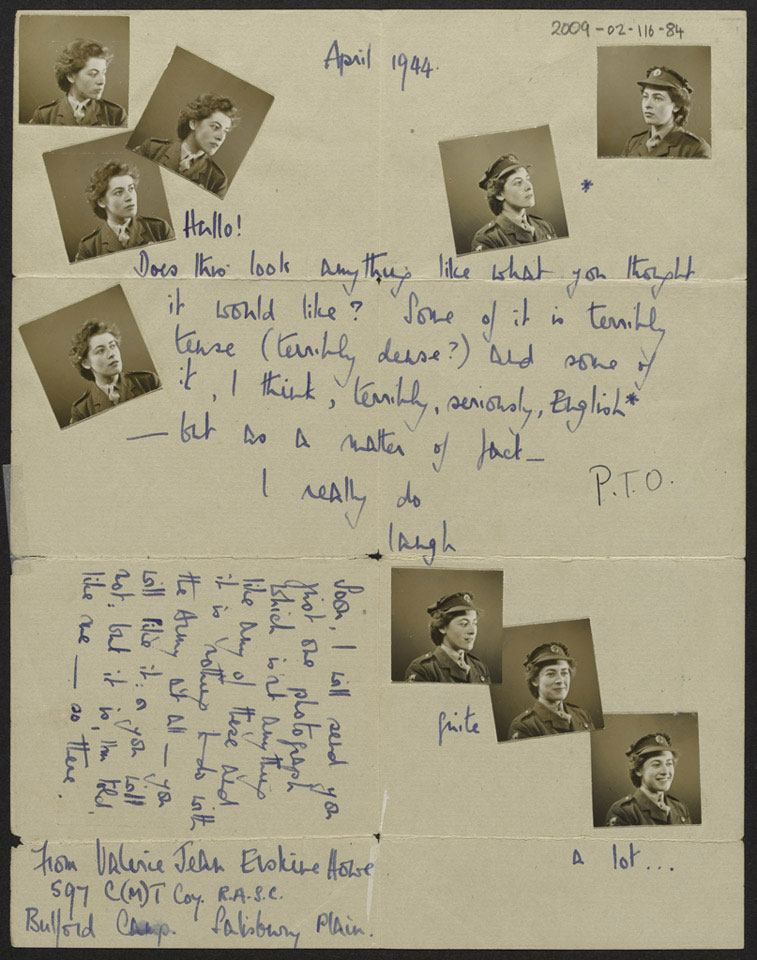 Letter covered in photographs of Valerie Erskine Howe sent to Anthony Ryshworth-Hill, April 1944