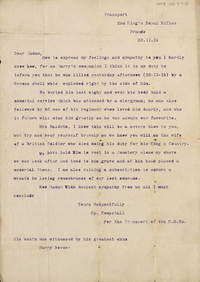 Letter of condolence to the wife of Rifleman H J Baldwin, King's Royal Rifle Corps, 1915 