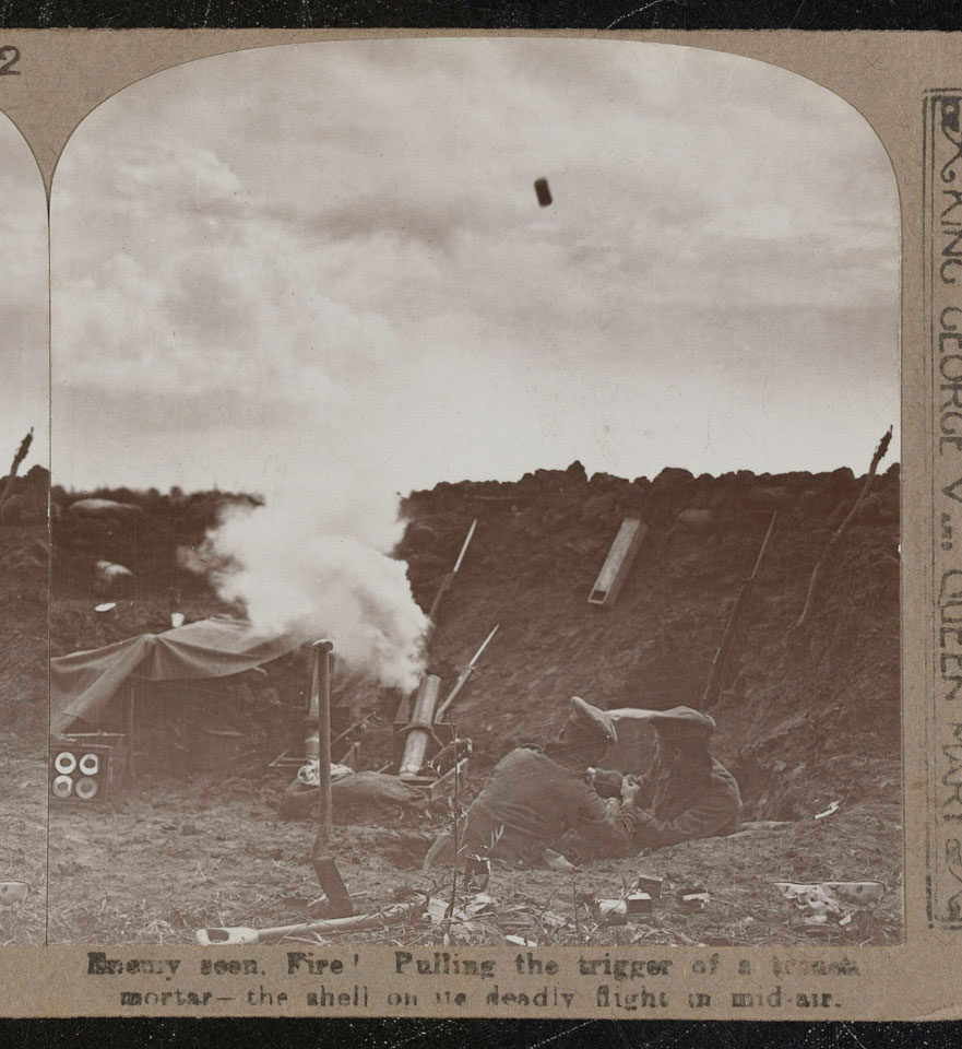 'Enemy seen. Fire! Pulling the trigger of a trench mortar - the shell on the deadly flight in mid-air', World War One, 1915 (c)