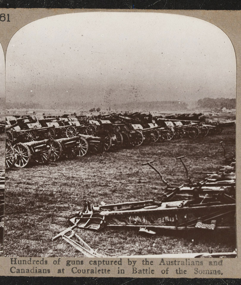 Artillery captured by the Australians and Canadians at Courcelette in Battle of the Somme, 1916