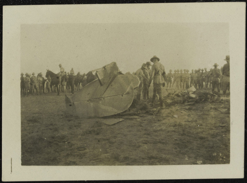 British soldiers examining the wreck of a Turkish aircraft, near Tel-el-Jemmi, Palestine, October 1917 