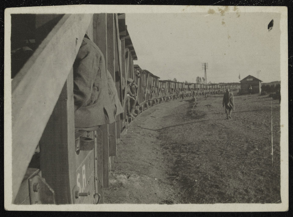 British troops travelling on the desert railway, Palestine, 1918