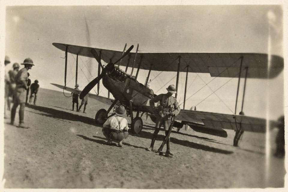 British soldiers inspect a B.E.2c biplane, 1916 (c)