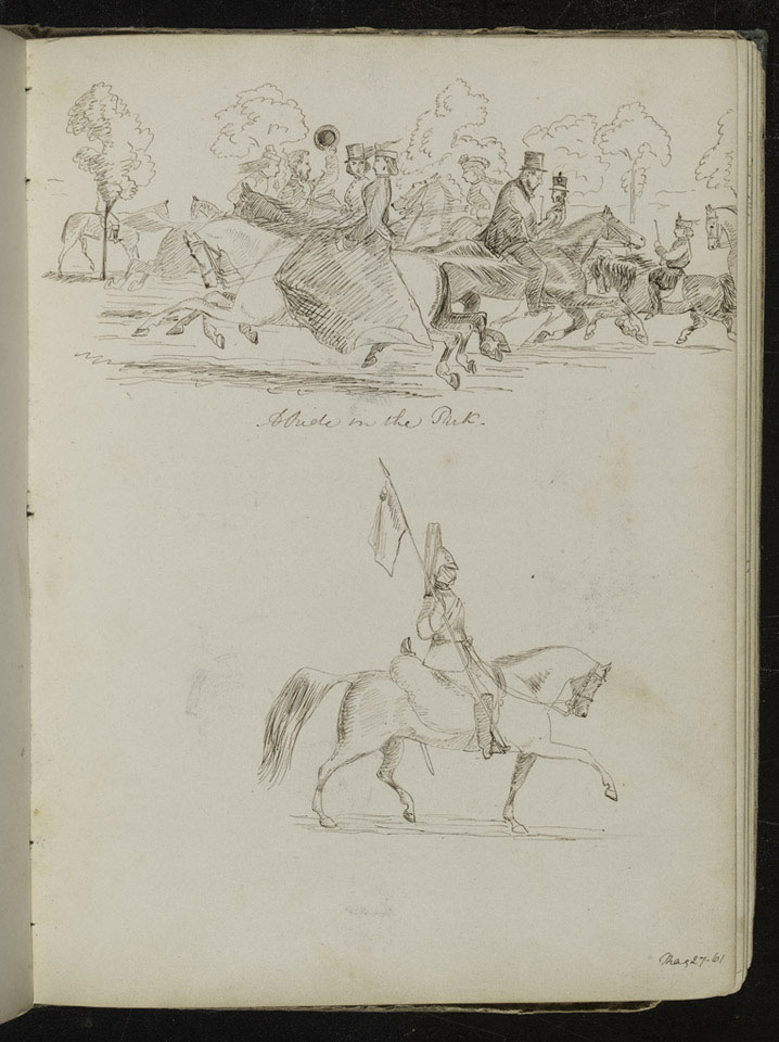 Study of men and women on horseback in a park, possibly a hunt, a study ...