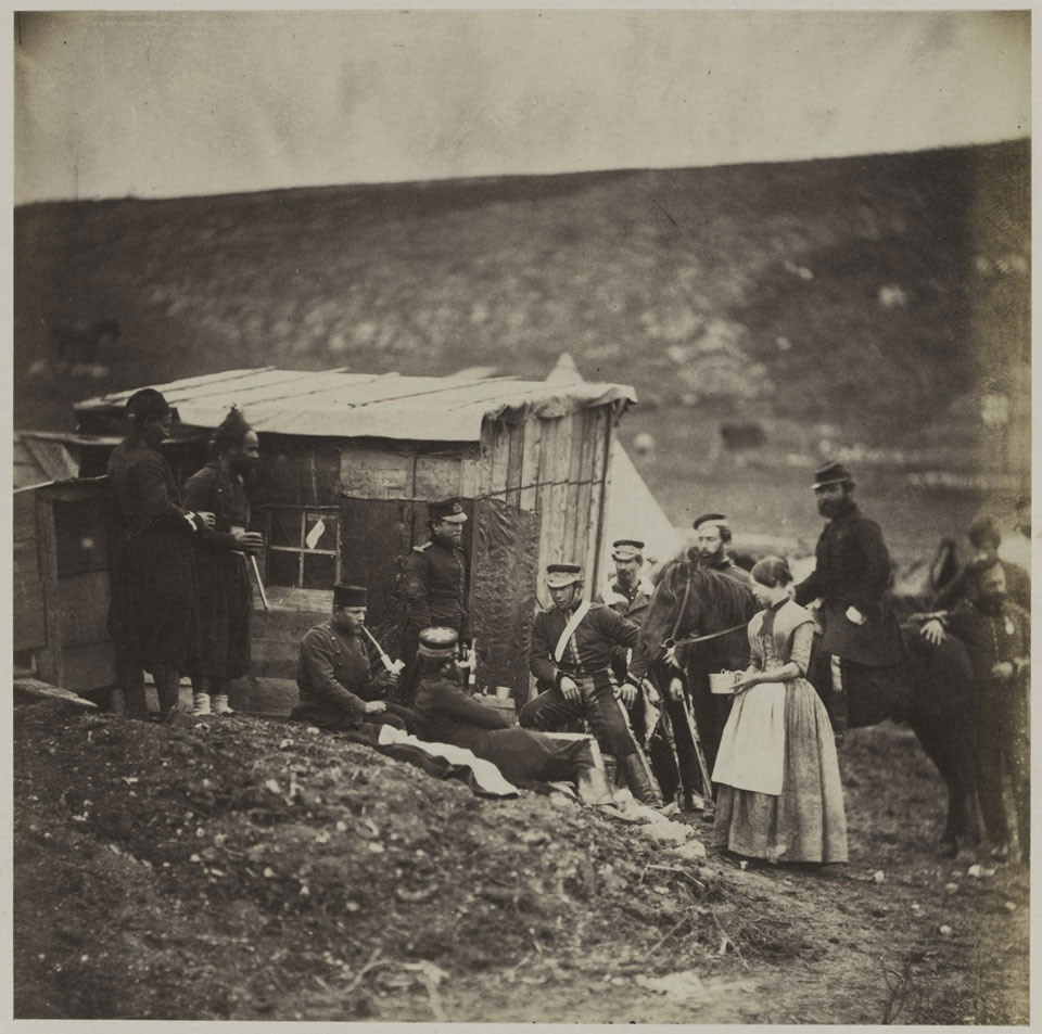 Camp of the 4th Dragoon Guards, convivial party French and English, Crimea, 1855