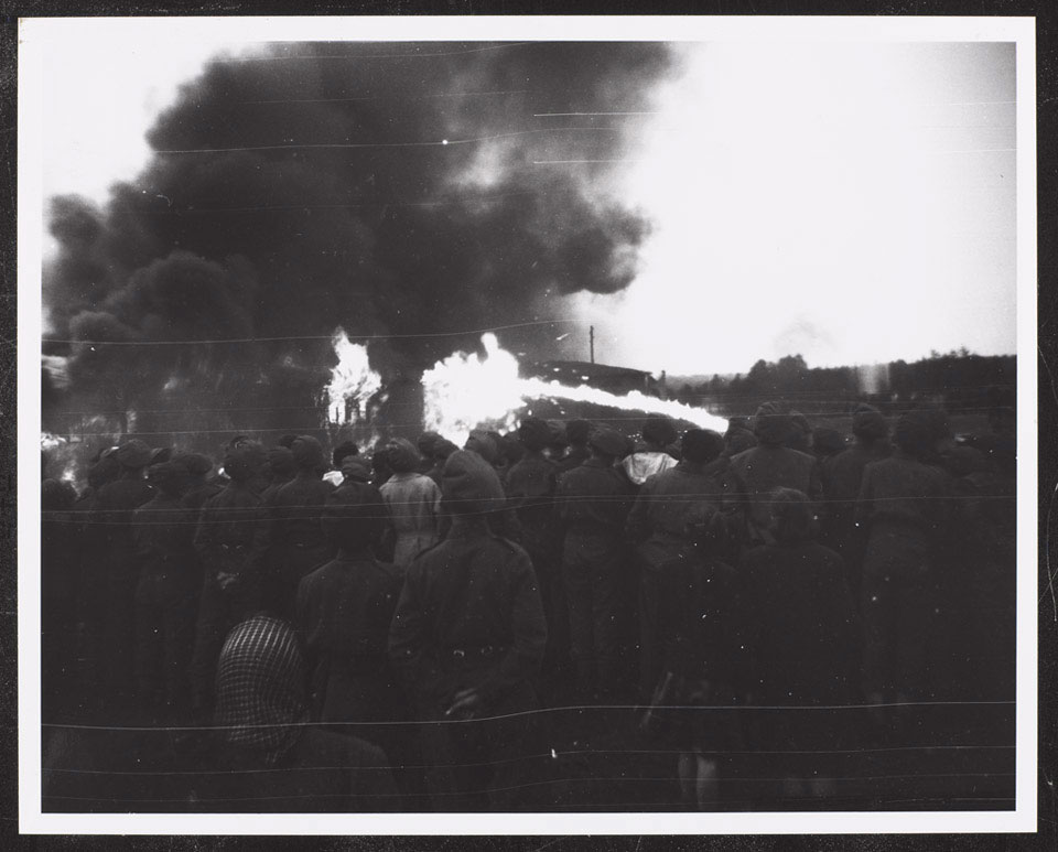 The burning of Belsen Concentration Camp, Germany, 2 May 1945