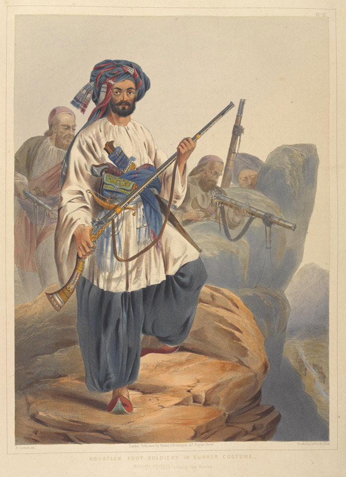 'Ko-i-Staun Foot Soldiery in Summer Costume, Actively employed among the Rocks'
