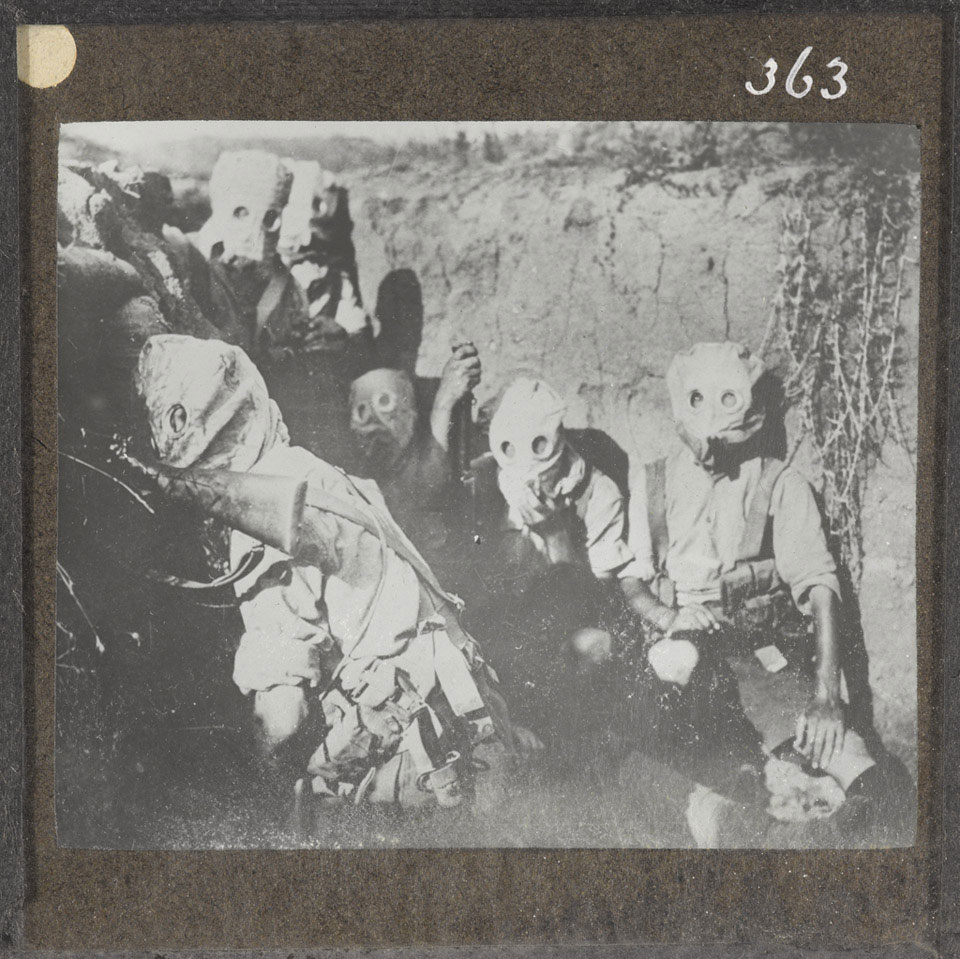British troops wearing gas masks in the trenches, Salonika, 1917